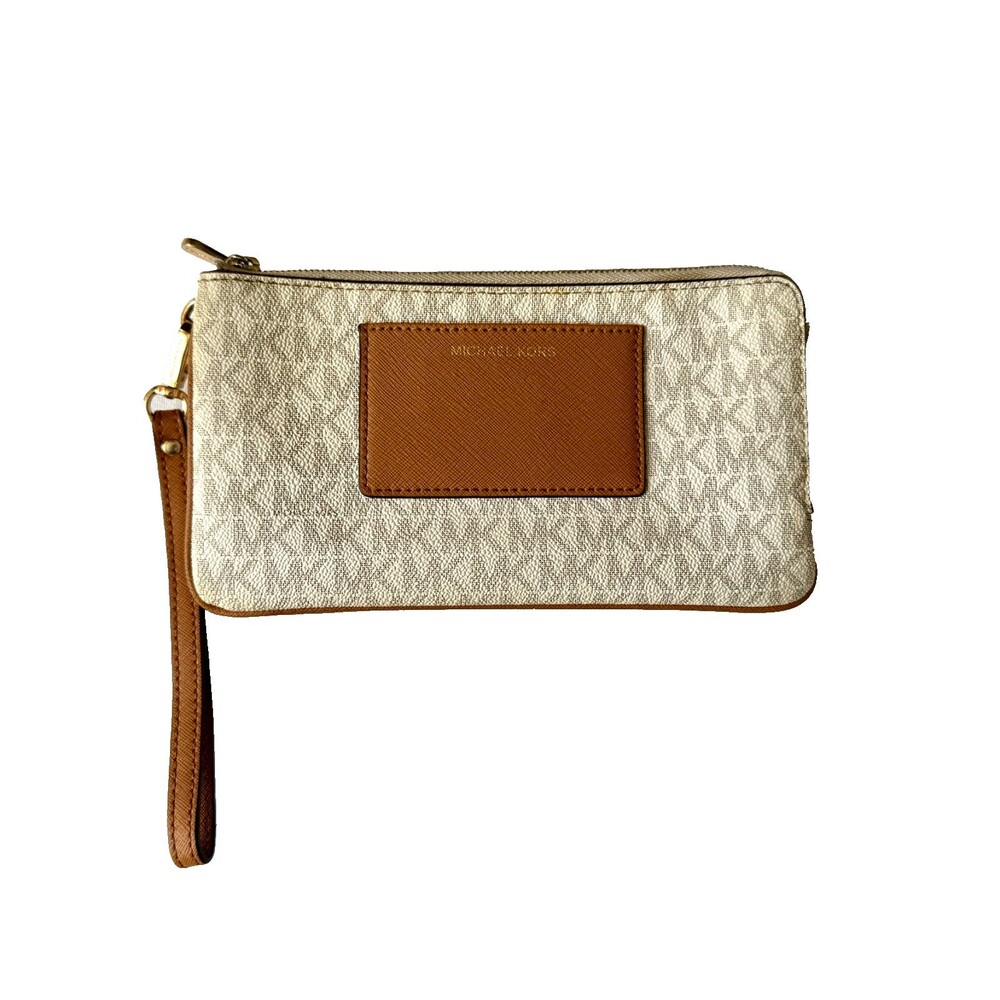 Michael Kors Bedord  Double Zip Wristlet Vanilla & Acorn Signature Logo Wallet